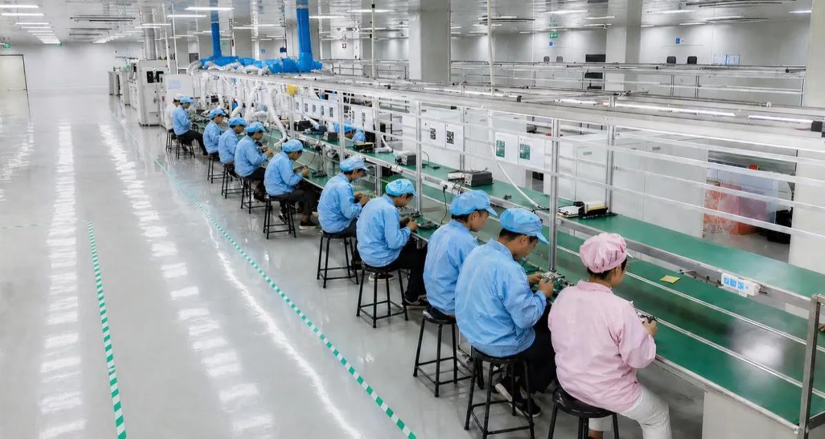 Through-hole assembly line with operators at ESD workstations